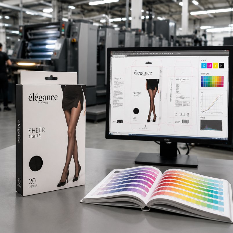 On-site turnkey packaging printing quality control and precise Pantone color alignment at Firstlady hosiery production shop.