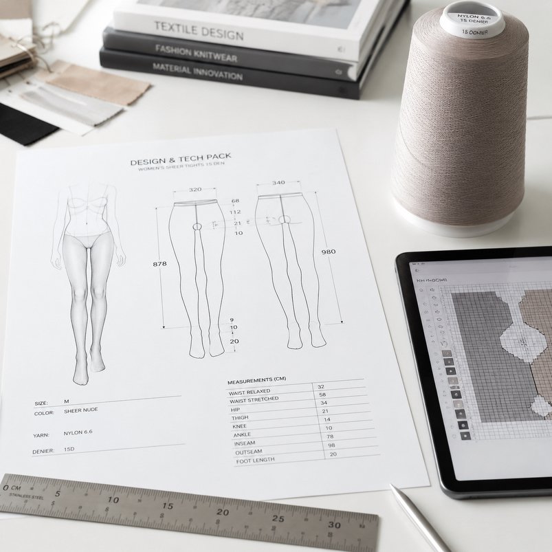 Custom hosiery engineering and technical sample tech pack development for global clothing brands at Firstlady.