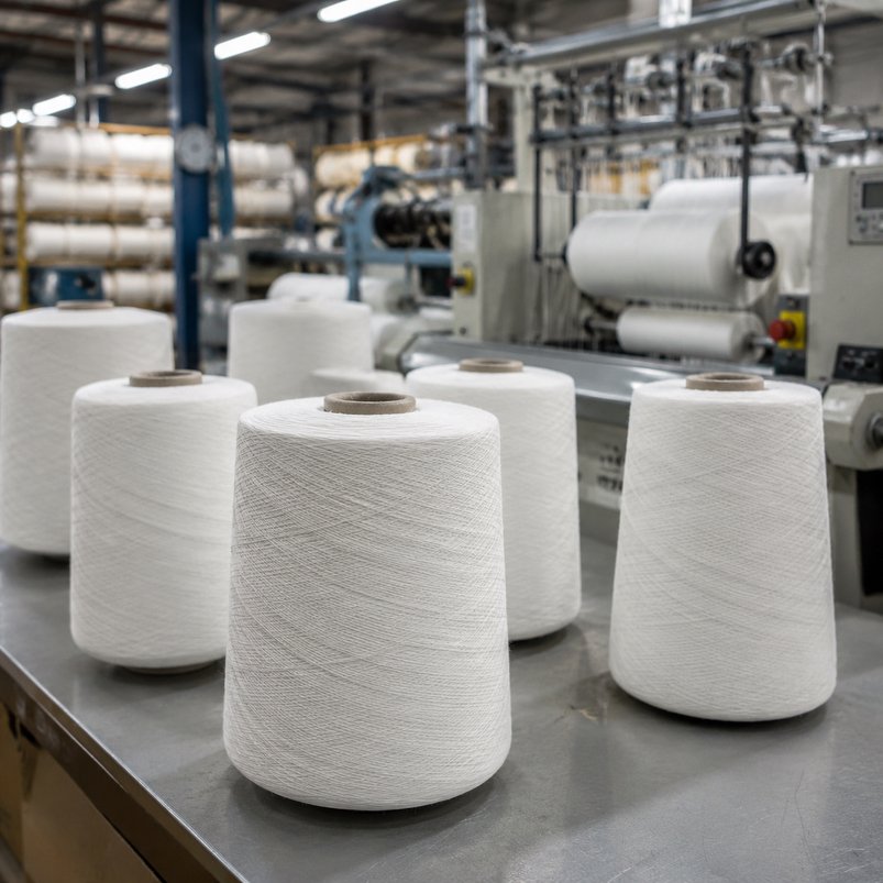 Raw undyed matte white nylon and spandex covered yarn cones inside Sichuan Firstlady Knitting facility.